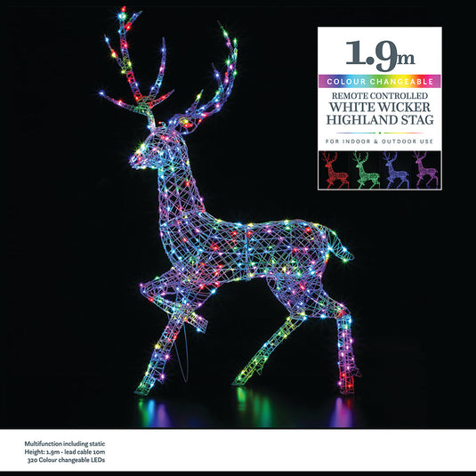 2M Colour Changeable White Rattan Highland Stag - 320 LEDs