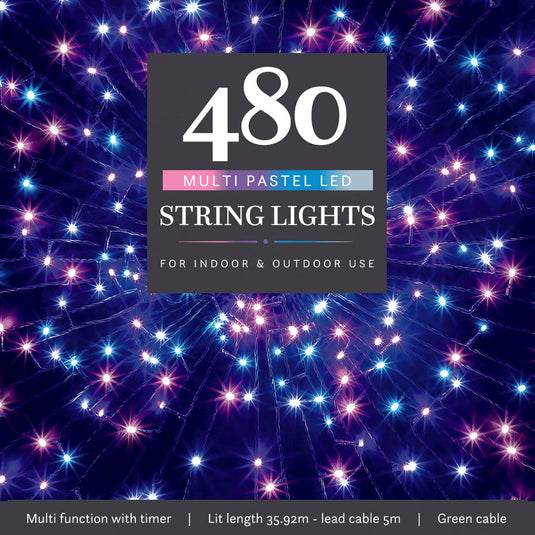 480 Pastel Multifunction String Lights with Green Cable