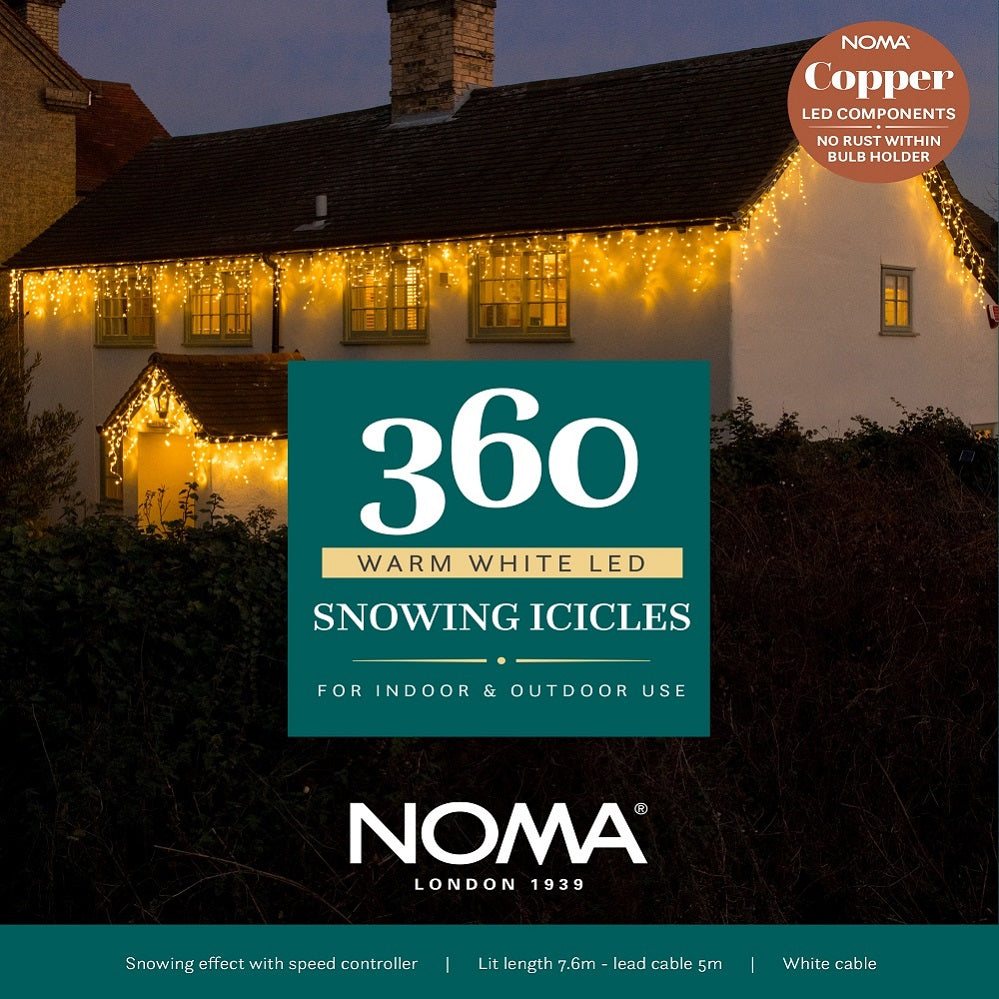 360 Warm White Snowing Icicles With White Cable