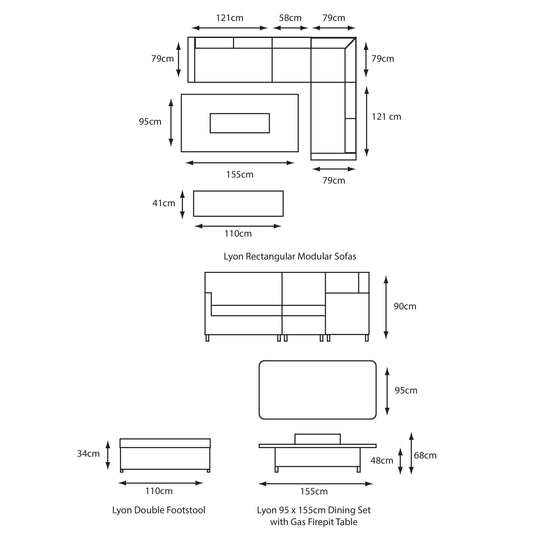 LG Outdoor Lyon Rectangular Modular Dining Set with Gas Firepit Table