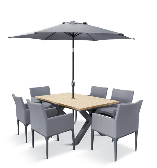 LG Outdoor Stockholm 6 Seat Dining Set with Armchairs and Deluxe 3.0m Parasol