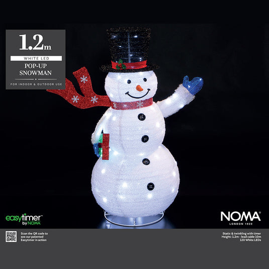 1.2M Pop Up Fleece Snowman - 120 White LEDs
