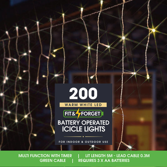 200 Fit & Forget Warm White Multifunction Icicle Lights