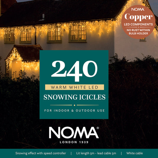 240 Warm White Snowing Icicles with White Cable