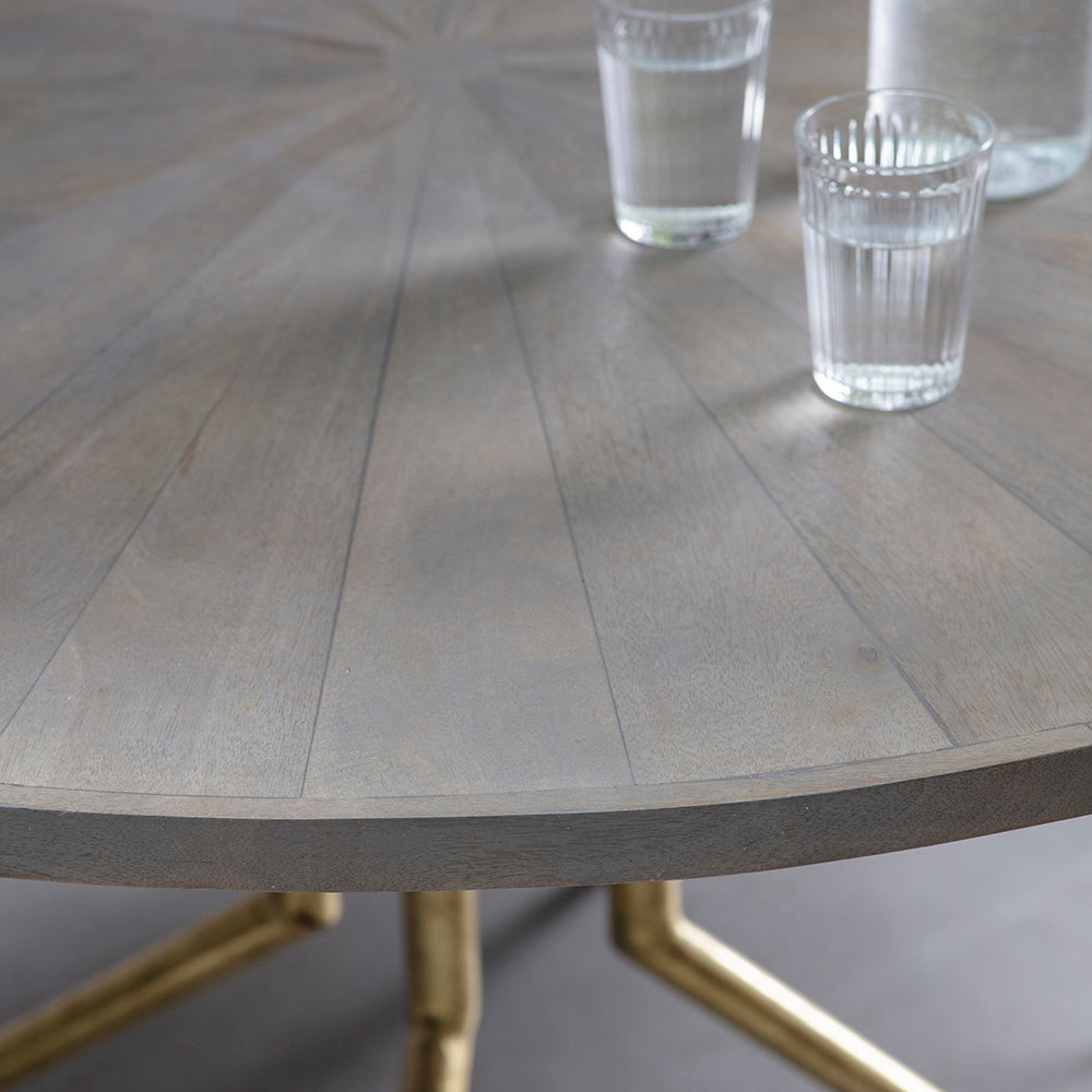 Sunburst Round Dining Table with parquetry design top and Brass tapered legs Grey Wash