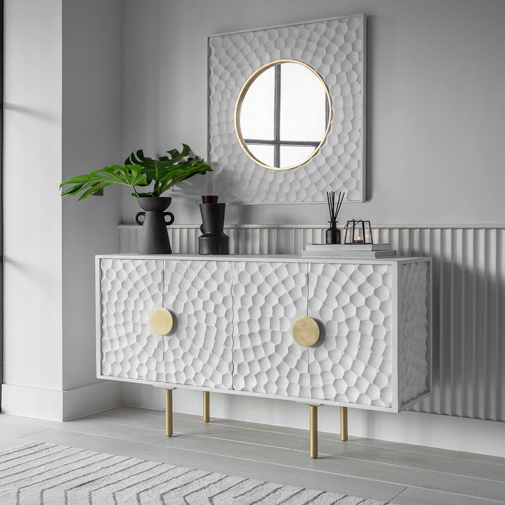 Monroe Square Craved Mirror in Whitewash finish and Brass Plated trim