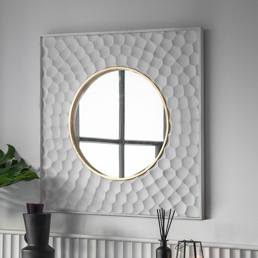 Monroe Square Craved Mirror in Whitewash finish and Brass Plated trim