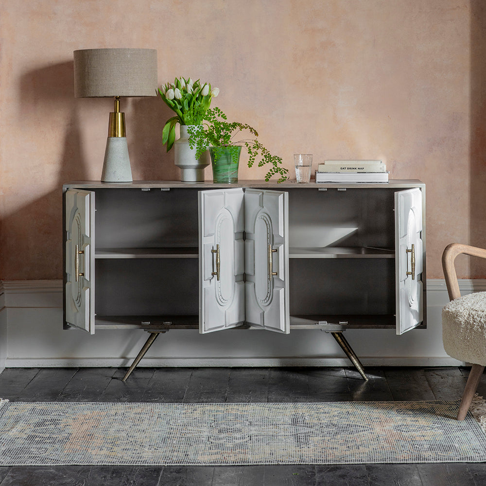 Cleo Sideboard in Grey and Whitewash finish and Brass plated handles and legs