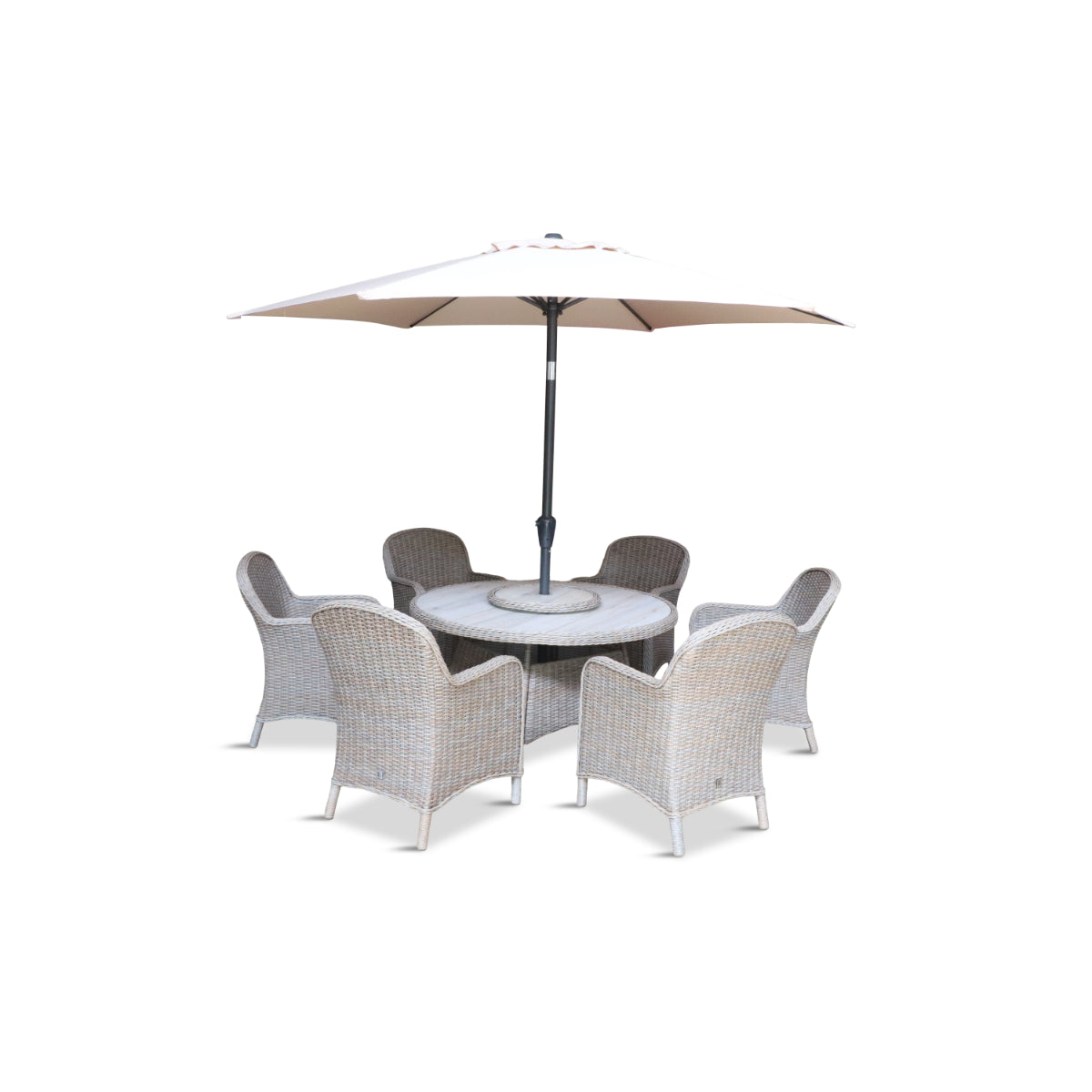 Bergen 6 Seat Dining Set With Weave Lazy Susan And Deluxe 3.0M Parasol
