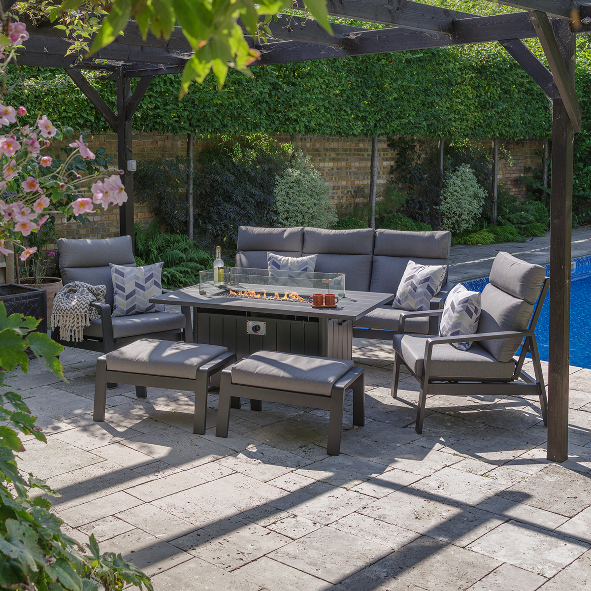 Santorini Dusk Lounge Dining Set with Gas Firepit
