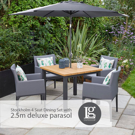 Stockholm 4 Seat Dining Set With Armchair And Deluxe 2.5m Parasol