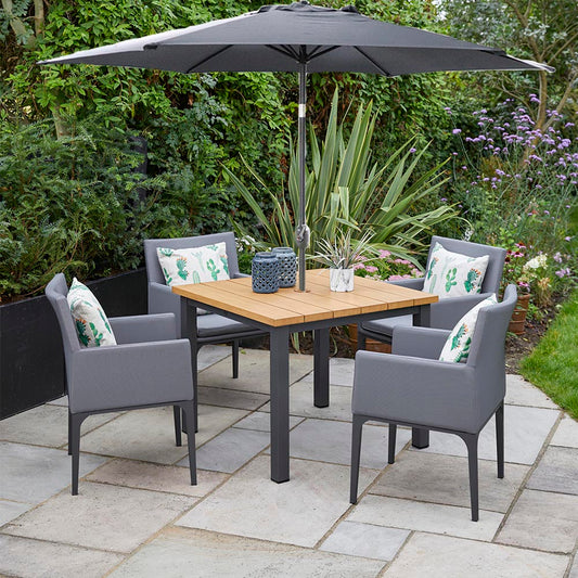Stockholm 4 Seat Dining Set With Armchair And Deluxe 2.5m Parasol