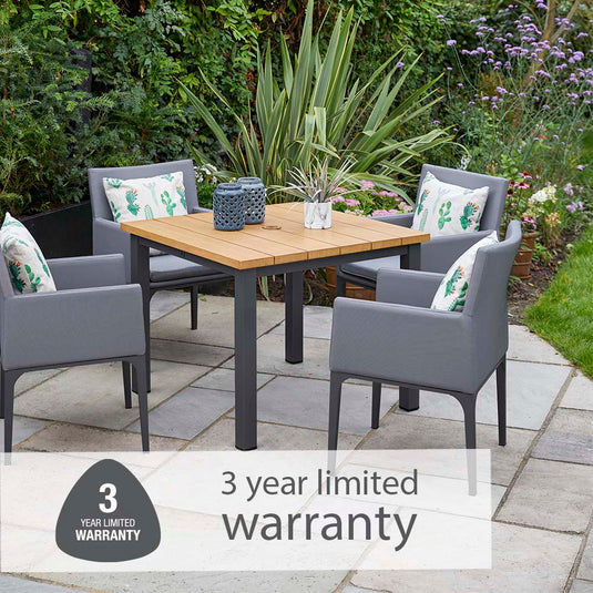 Stockholm 4 Seat Dining Set With Armchair And Deluxe 2.5m Parasol