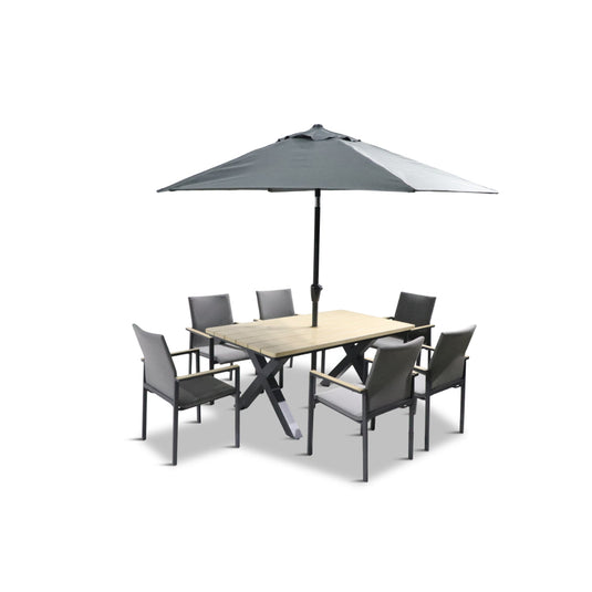 Venice 6 Seat Dining Set With Stacking Armchair And 3.0m Deluxe Parasol