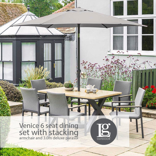 Venice 6 Seat Dining Set With Stacking Armchair And 3.0m Deluxe Parasol